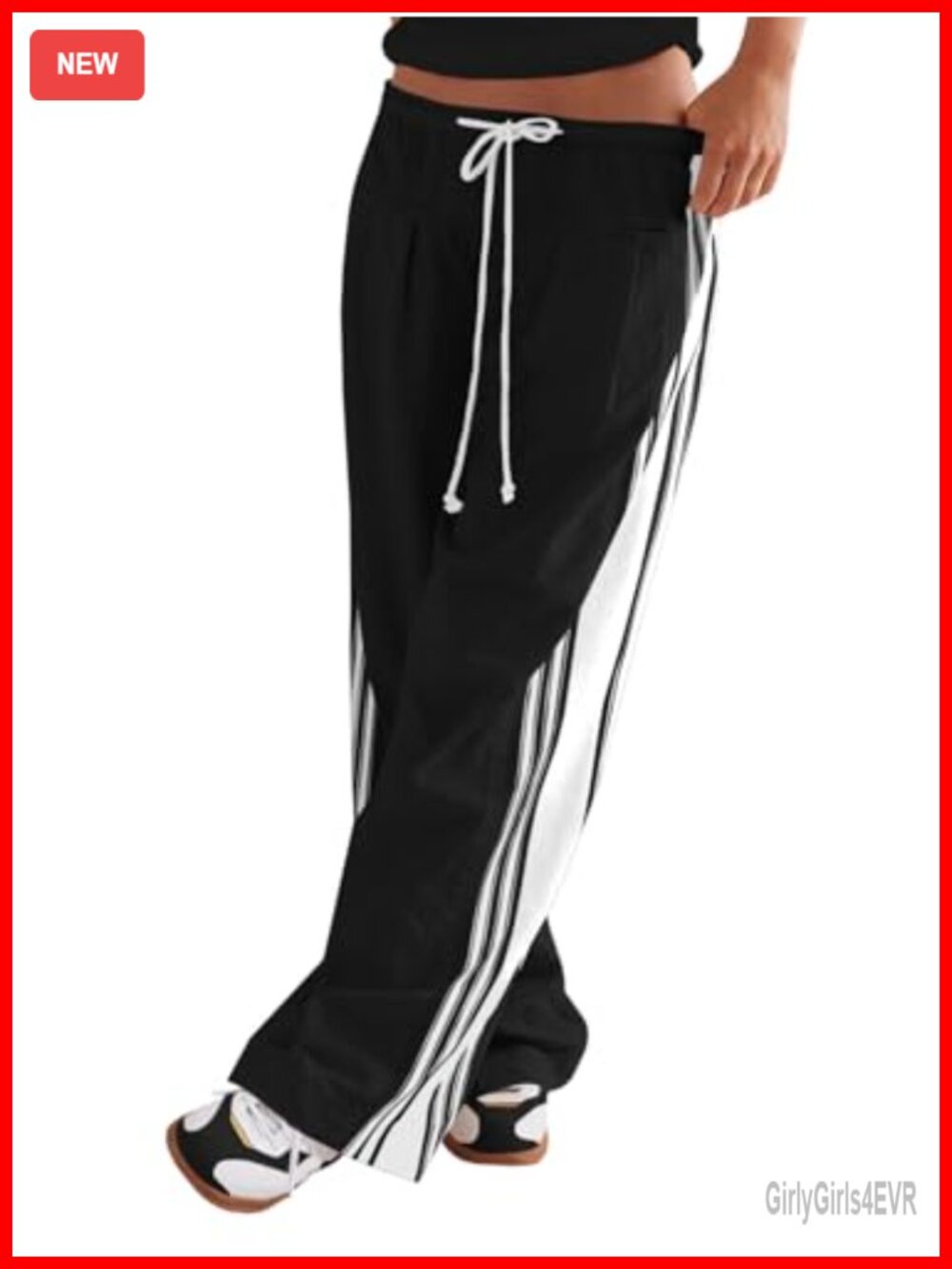 Wide Leg Track Pants Drawstring High Waist Striped Palazzo with Pockets